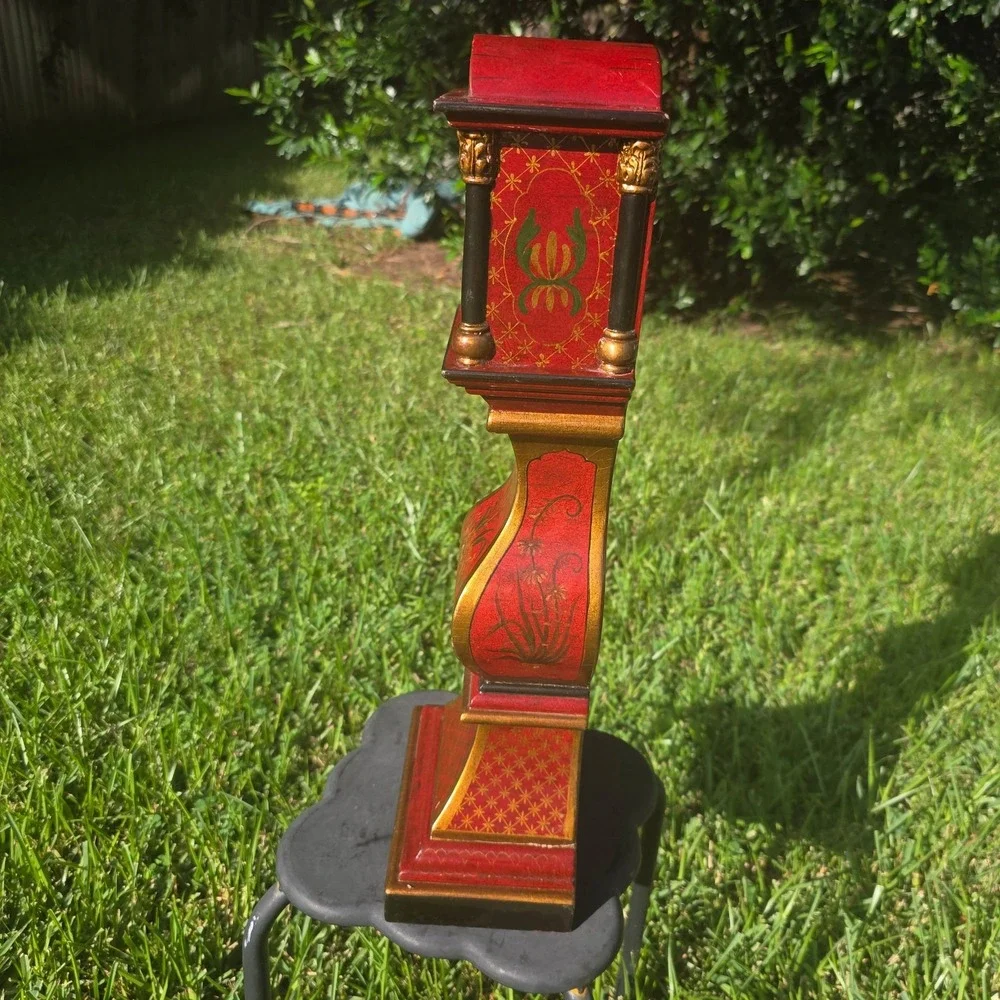 Miniature Grandfather Clock Red Floral Chinoiserie Mantle Table clock no work